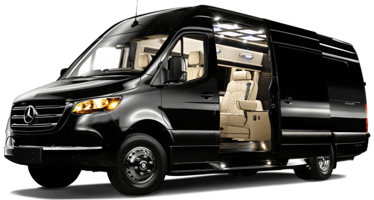 Black Mercedes Sprinter van with open sliding door; tan interior.