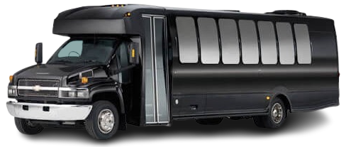 Black party bus with tinted windows and open door.