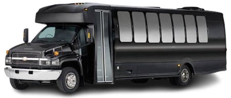 Black party bus with tinted windows and an open door.