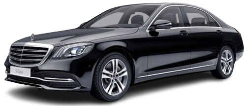 Black Mercedes S-Class sedan, angled view.