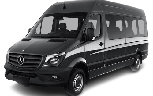 Black Mercedes-Benz Sprinter van, side view.