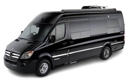Black Mercedes-Benz Sprinter van, modified as a campervan, parked outdoors.