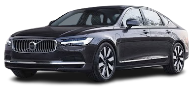 Dark gray Volvo sedan, angled view. Silver trim, black and silver wheels, on a white background.