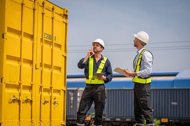 Two people in safety vests and hard hats inspecting a yellow shipping container outdoors.