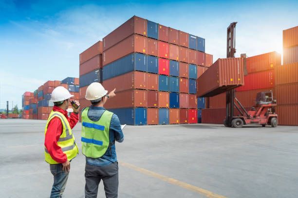 Two workers in safety vests and hard hats at a shipping yard, pointing at stacked cargo containers.