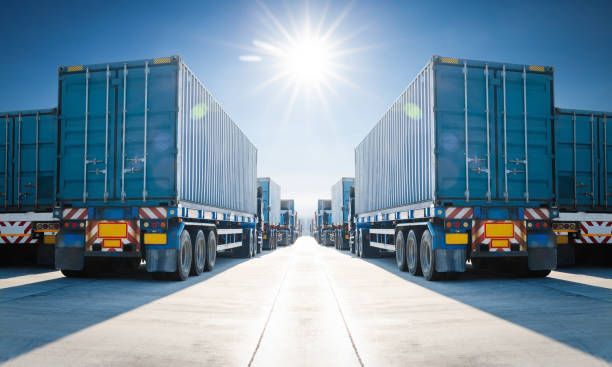 Trucks with blue shipping containers parked in rows under a bright sun.