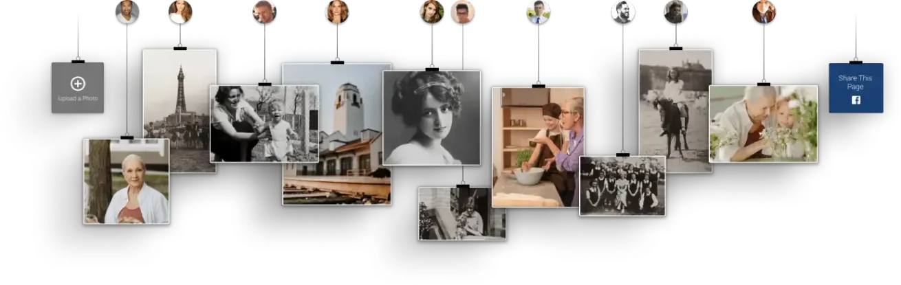 A white wall display of hanging photo prints and cards clipped on strings, arranged in a collage.
