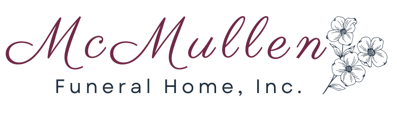 McMullen Funeral Home, Inc. logo in burgundy script with floral accent on a white background