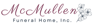 McMullen Funeral Home, Inc. logo in burgundy script with floral accent on a white background