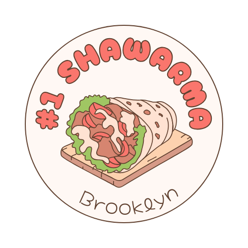 Round logo with a shawarma wrap on a wooden board; text says "#1 Shawarma Brooklyn" in orange.