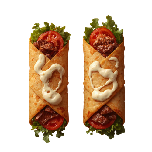Two wraps with lettuce, tomato, meat, and sauce on a white background.