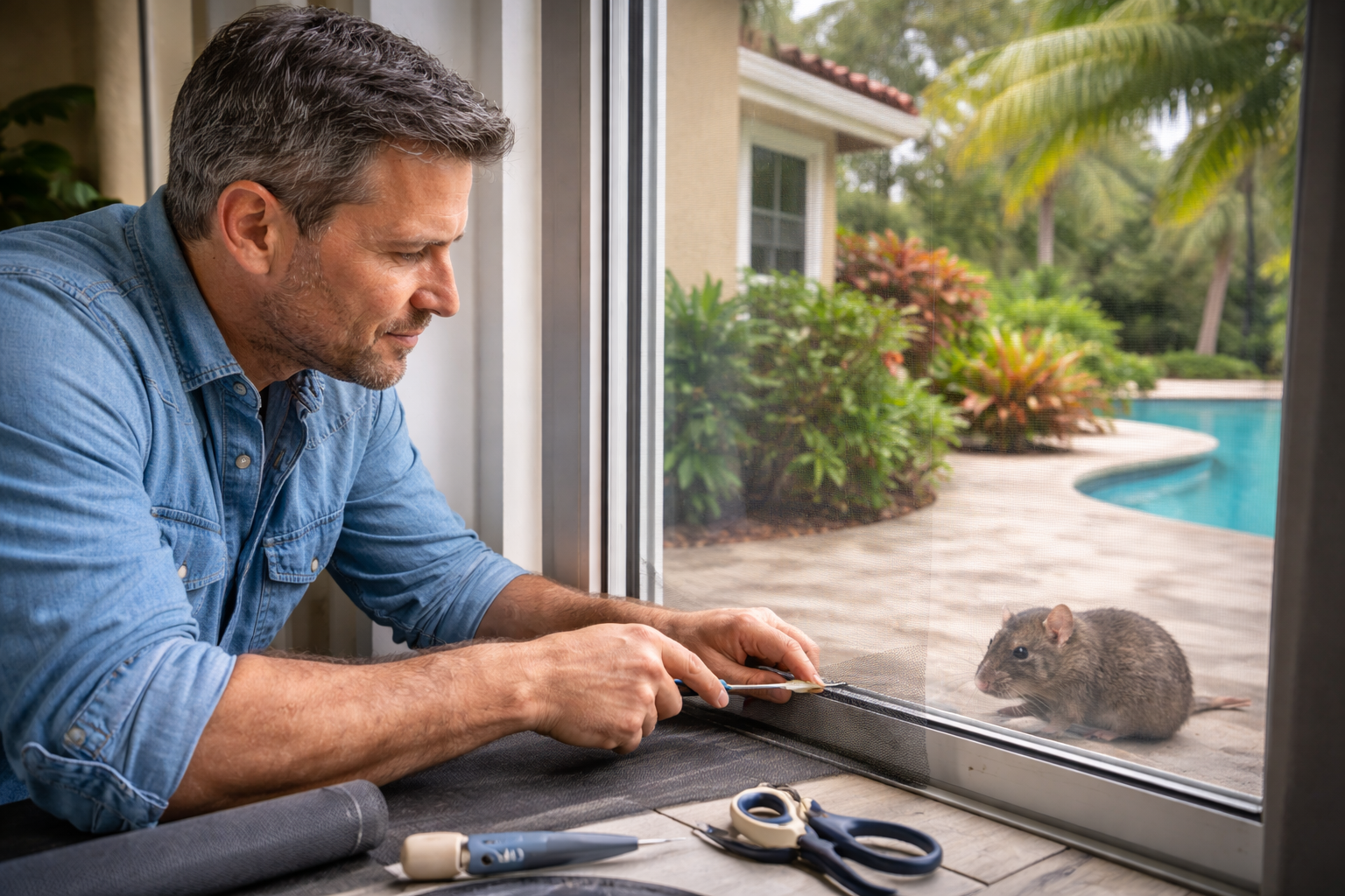 Man repairing window screen, rat outside.