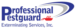 Logo for Professional Pestguard Exterminating Services, Inc. featuring blue and red text with a stylized pest icon.