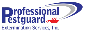 Logo for Professional Pestguard Exterminating Services, Inc. featuring blue and red text with a stylized pest icon.