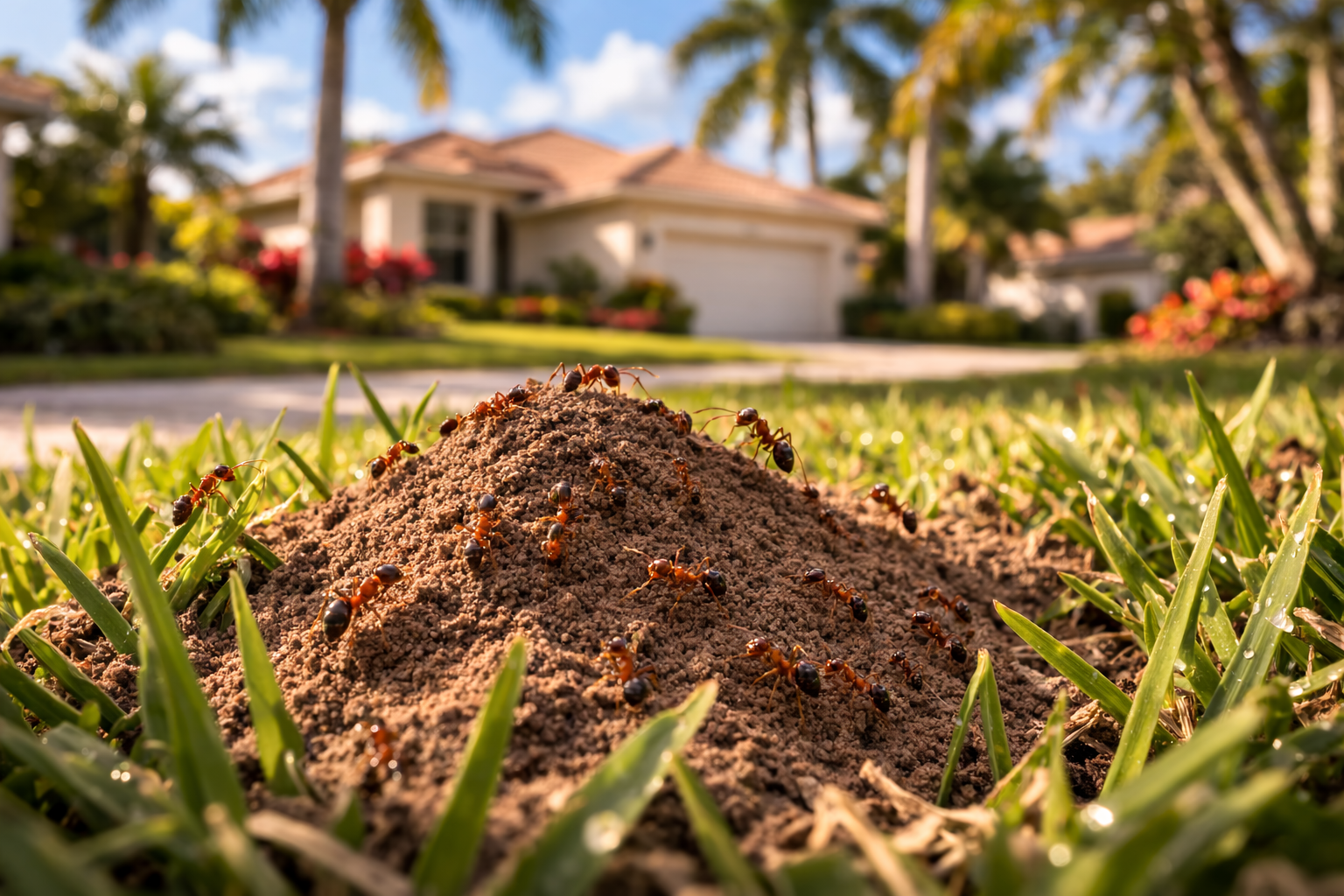 ant colony mound in lawn in Weston Florida common pest problem