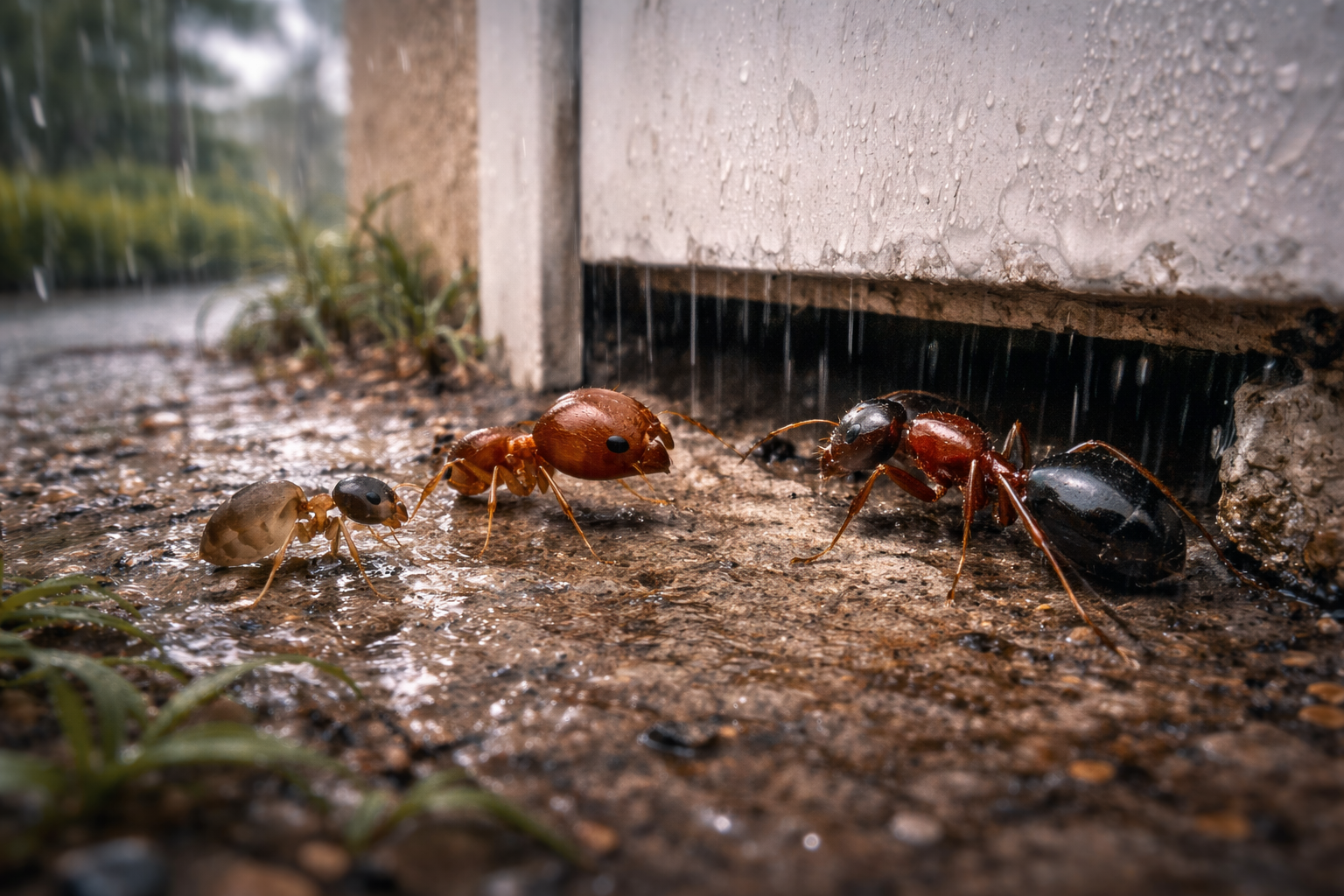 Ants huddled near a building during rain; brown, black ants near wet concrete.