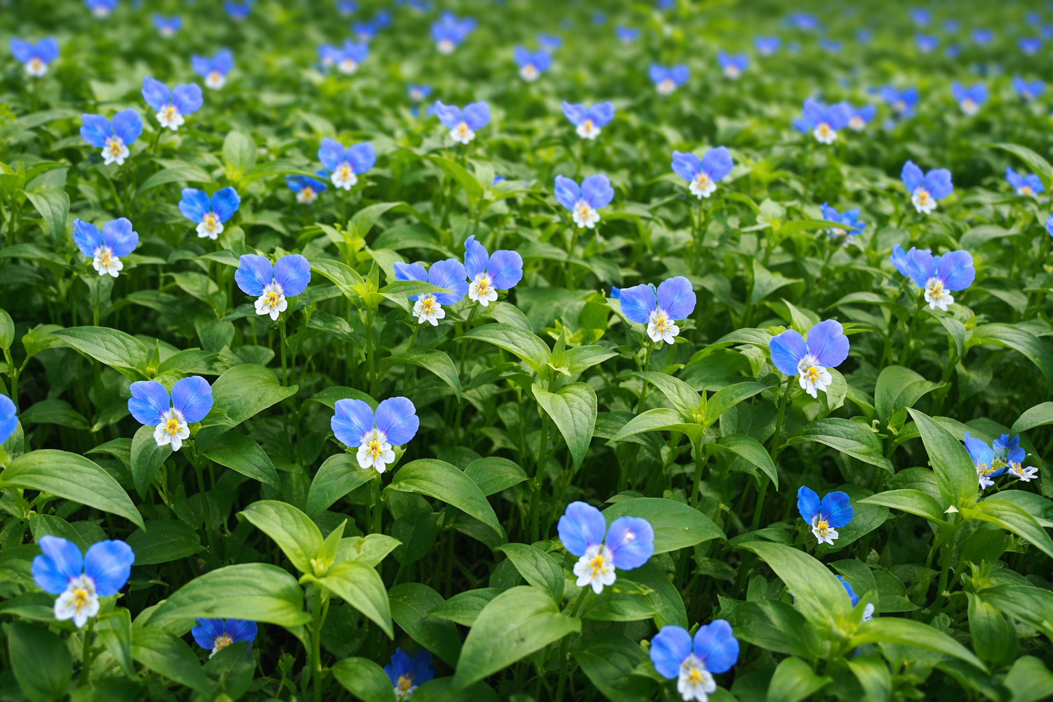 Blue wildflowers with white centers bloom in a dense green field.