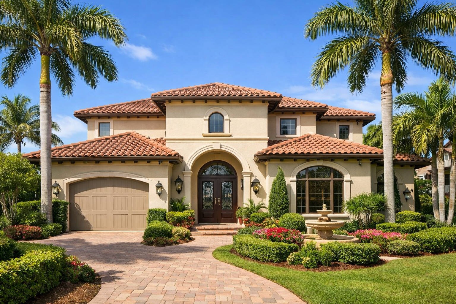 Two-story beige house with terracotta roof, palm trees, and manicured landscaping under a blue sky.