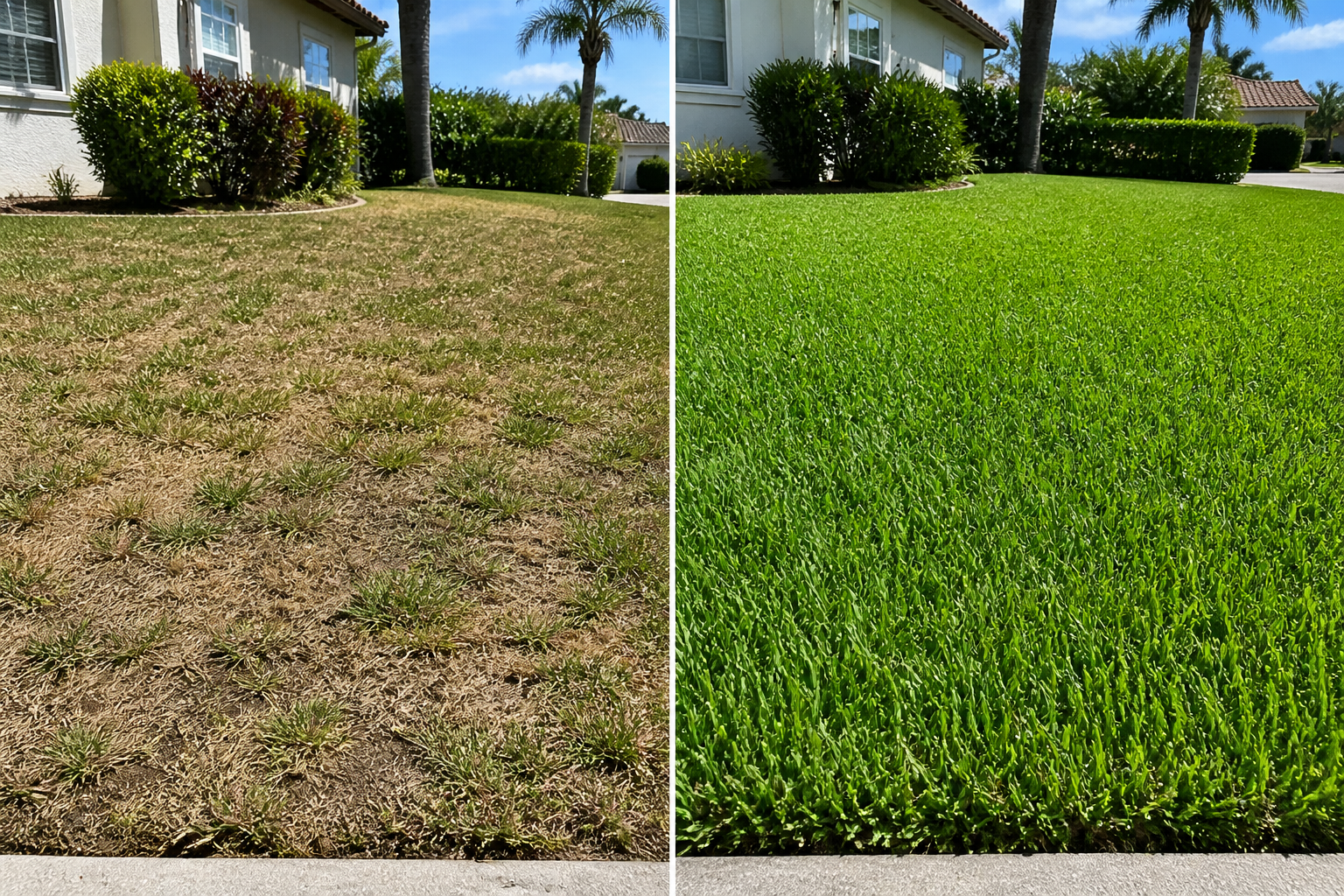 Brown and green lawn comparison in Weston Florida showing stressed and healthy St Augustine grass