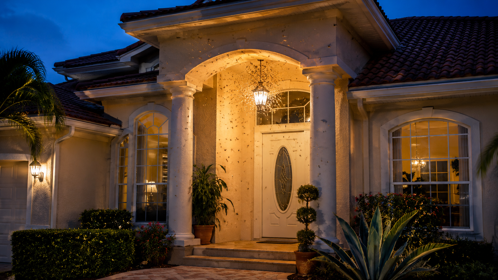 Outdoor bugs gathering around a hanging porch light at the front entrance of a South Florida home du