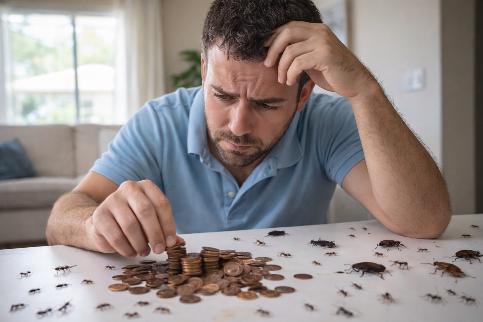 Cheap pest infestation in Weston Florida home with ants and cockroaches on desk