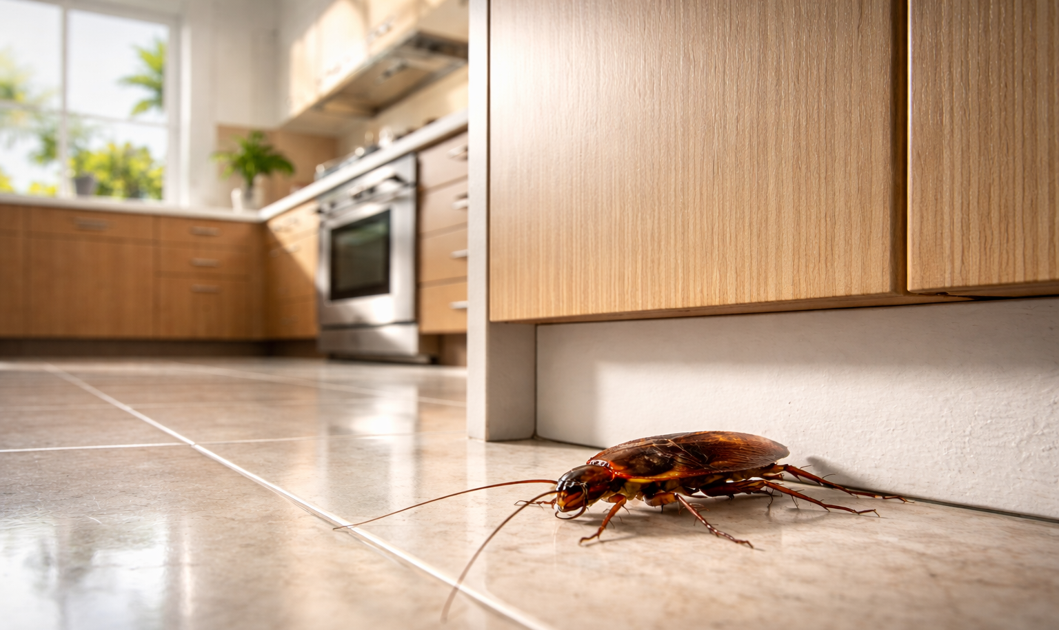 Cockroach on kitchen floor near cabinet, modern kitchen in background.