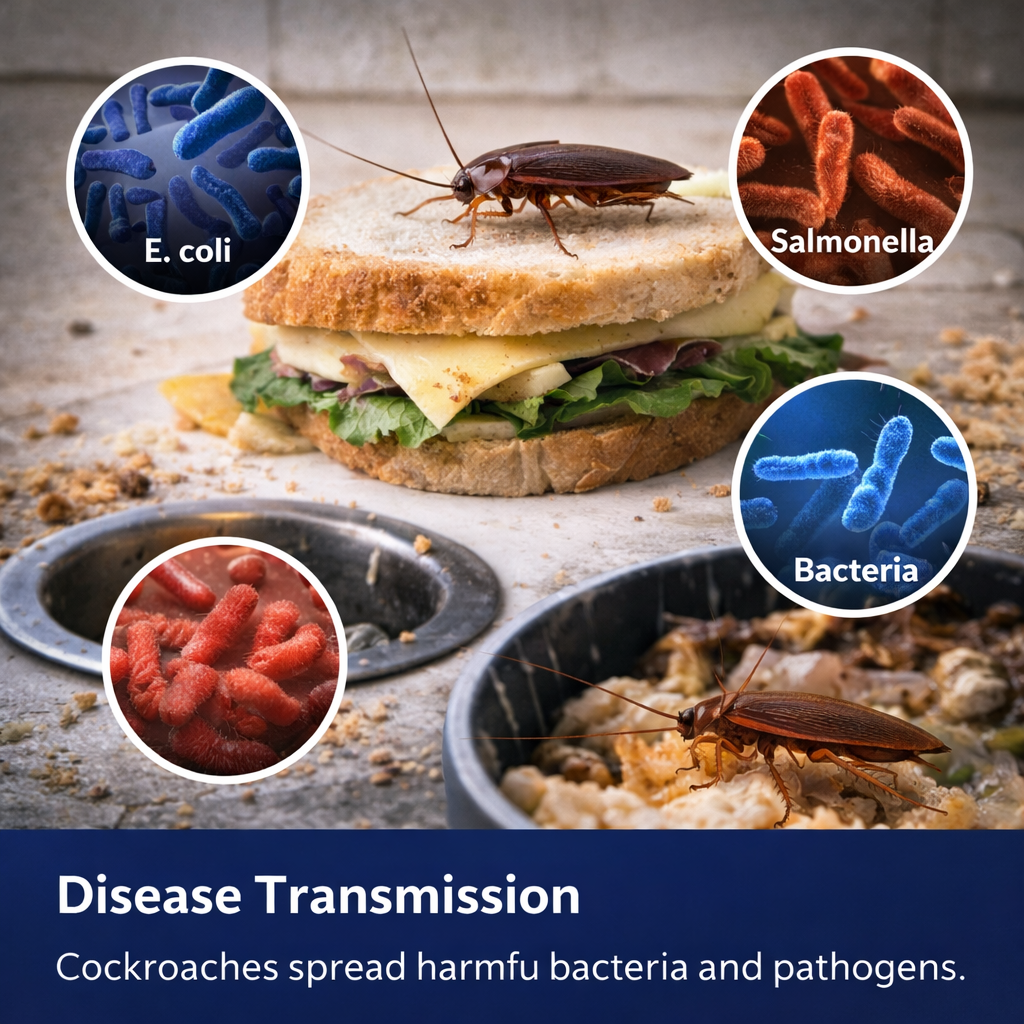 Cockroaches on food items, bread, and bowls. E. coli, Salmonella, and bacteria are labeled.