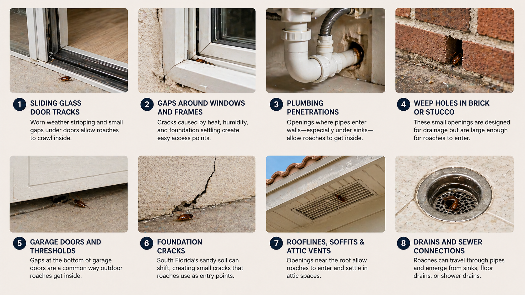 Infographic showing common cockroach entry points in South Florida homes including door gaps, windows, plumbing openings, foundation cracks, vents, and drains