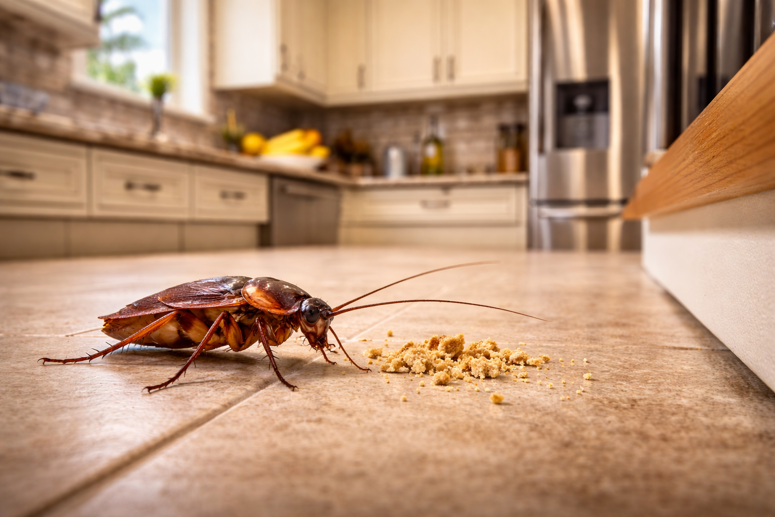 cockroach crawling on kitchen floor inside Weston Florida home