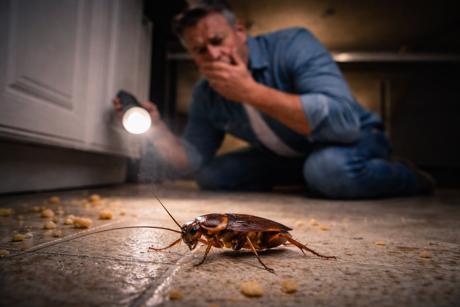 Man with flashlight surprised by large cockroach on floor.