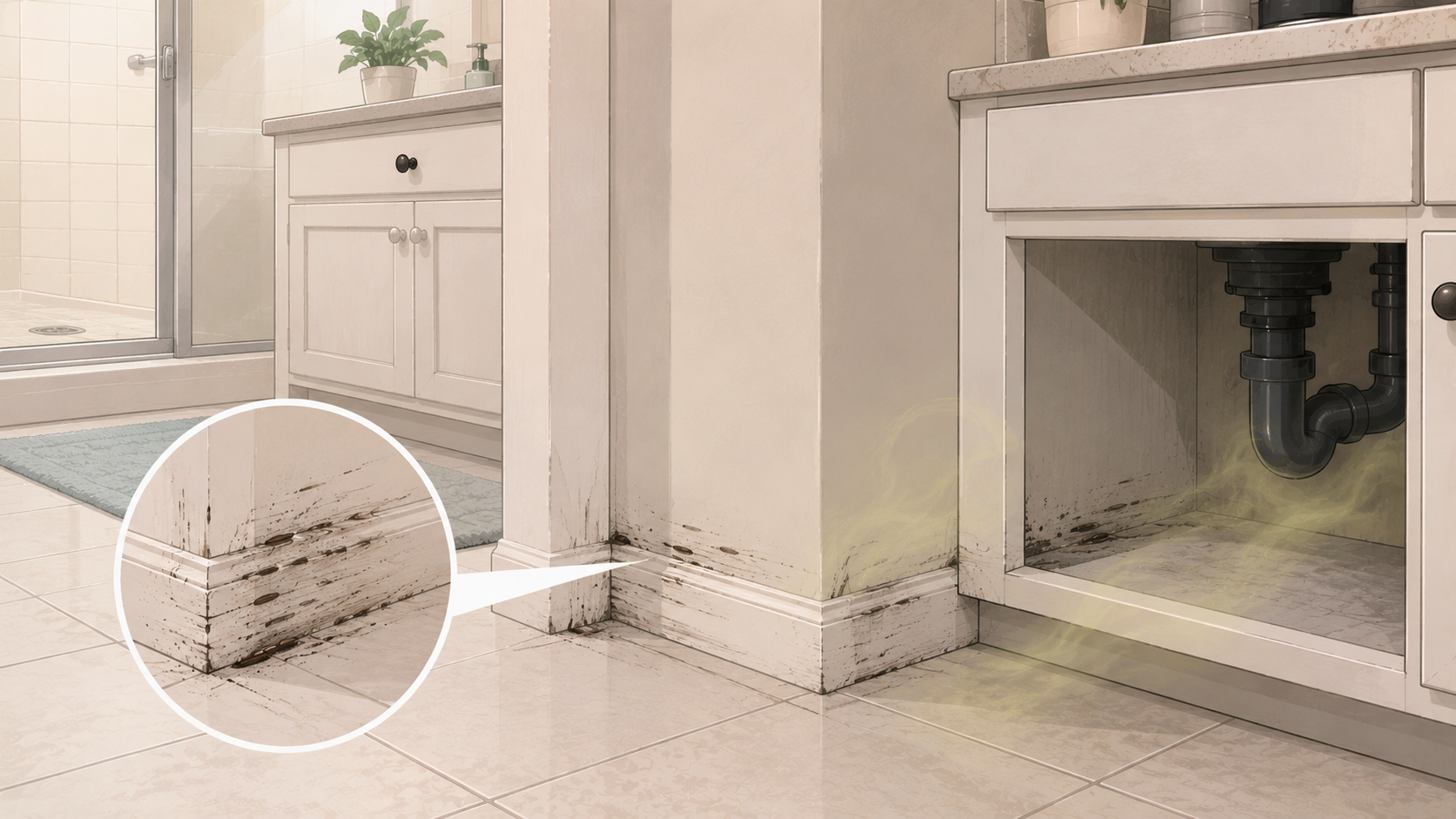 Dark cockroach smear marks along bathroom and kitchen baseboards in humid areas where roaches frequently travel and hide.