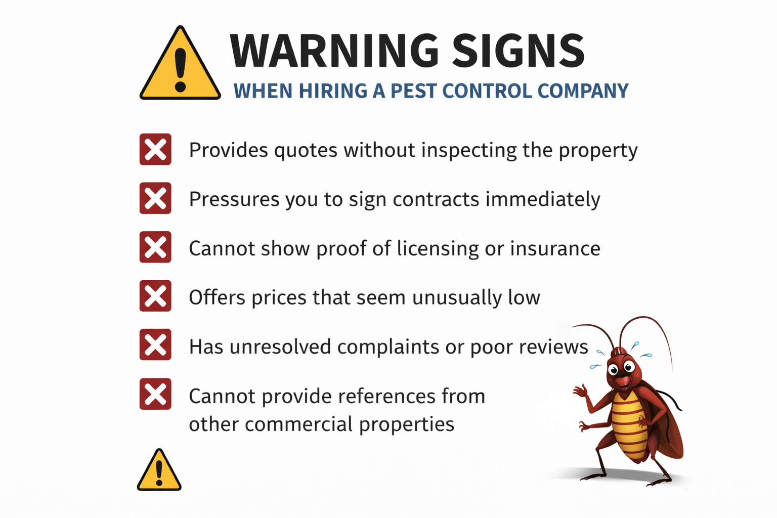 Warning signs when hiring a pest control company, with a cartoon cockroach. Lists risky behaviors to avoid.