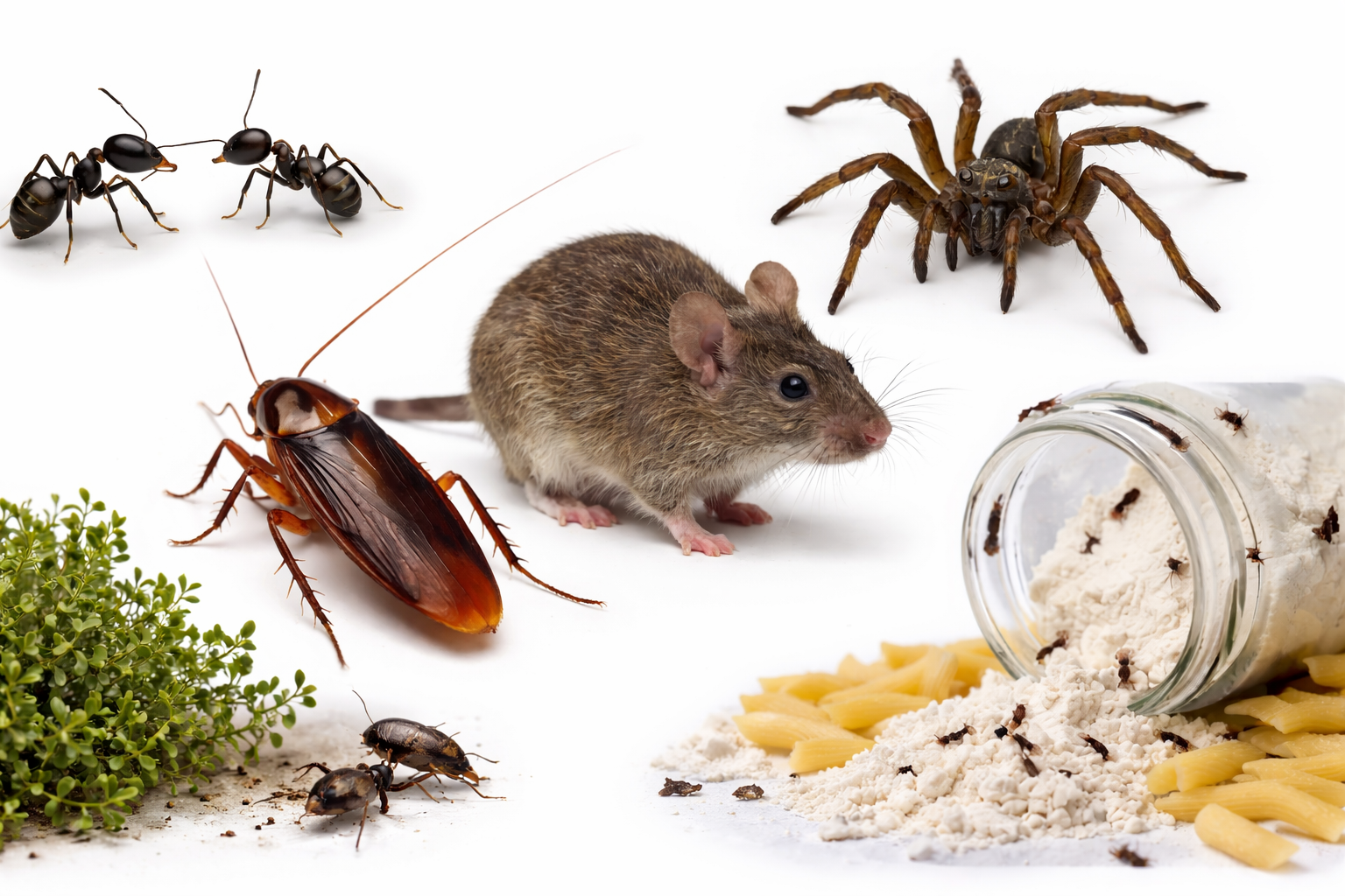 Pests: ants, cockroach, mouse, spider, and insects, with spilled food, representing infestation.