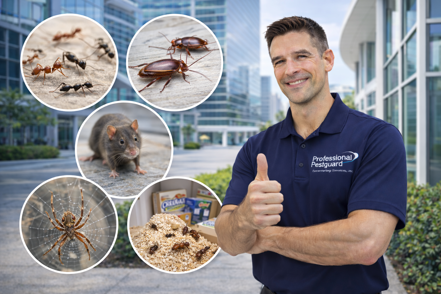 Commercial pest control technician outside a South Florida office building