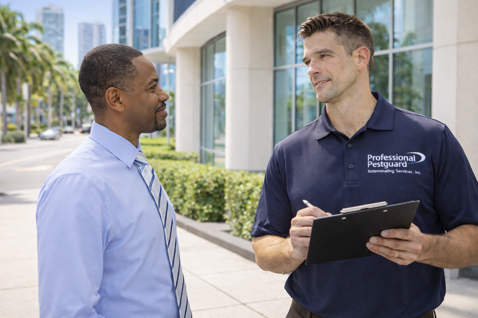 Two men on a sidewalk in front of a building; one in a uniform holding a clipboard talking to the other.