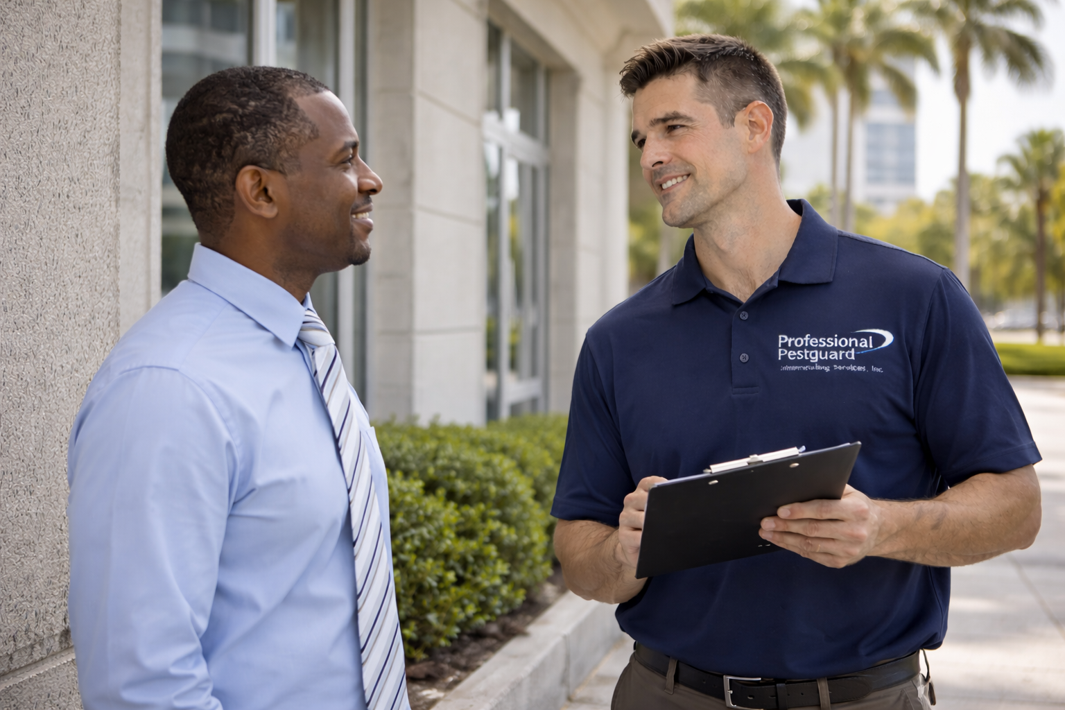 Man in suit speaking with man holding clipboard, in front of a building.