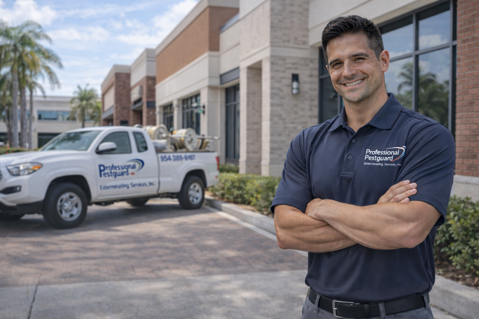 Man with arms crossed, smiling, stands in front of a white truck and a commercial building. Truck has company logo.