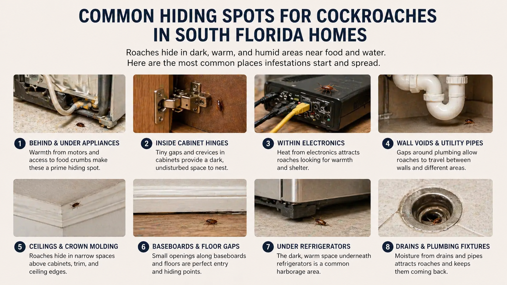 Infographic showing common cockroach hiding spots in South Florida homes including appliances, cabinets, pipes, baseboards, and drains
