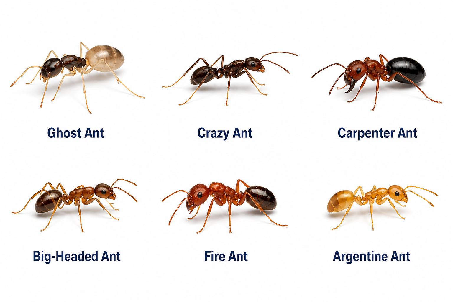 Common Florida ants identification chart showing ghost ants, crazy ants, carpenter ants, big-headed ants, fire ants, and Argentine ants