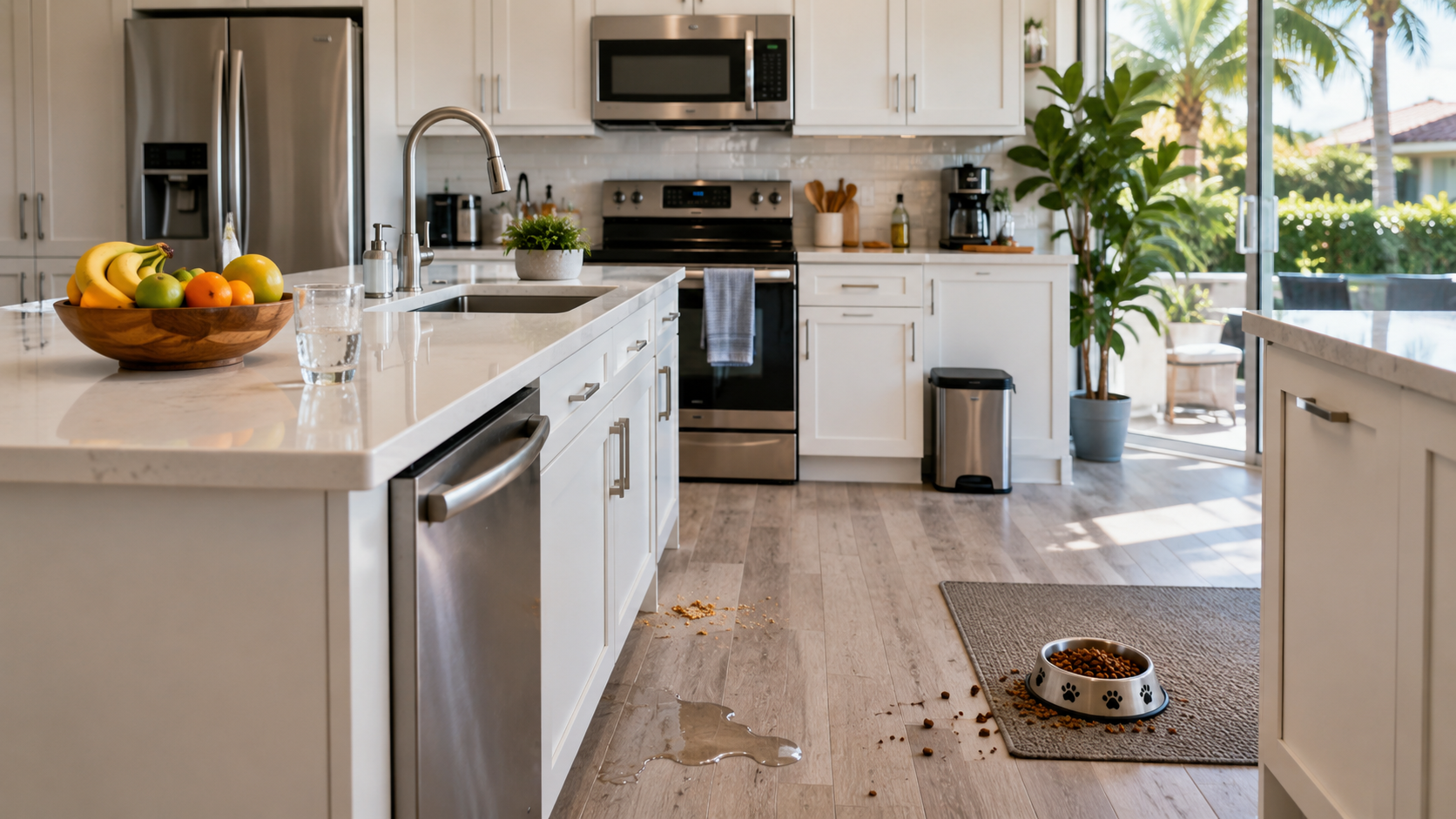Bright modern kitchen with white cabinets, stainless appliances, island, fruit bowl, and a small dog on the floor rug