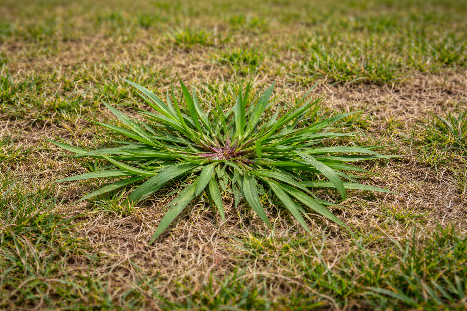 Green weed with long leaves growing in a lawn of mixed green and brown grass.