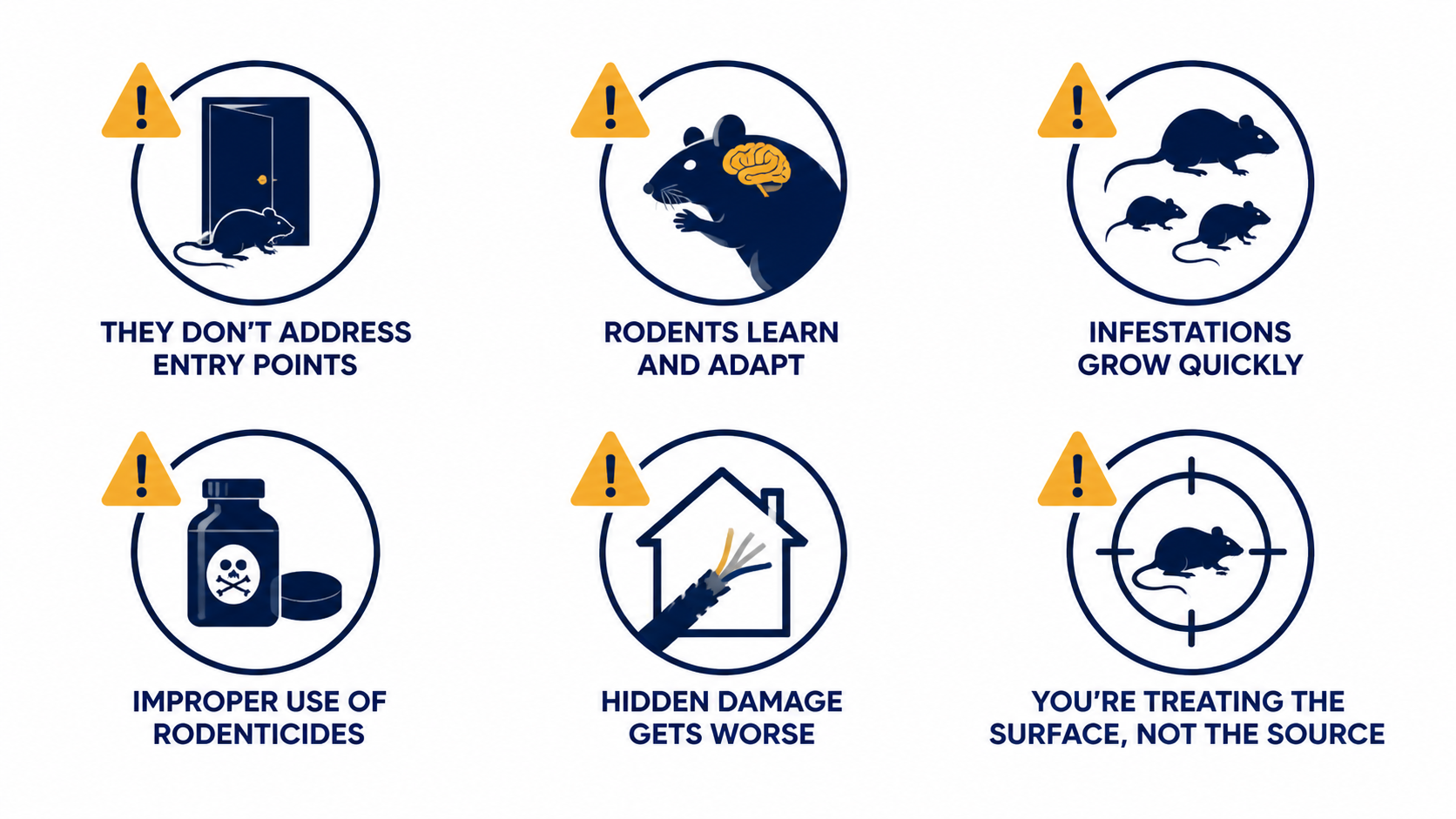 Infographic showing the dangers of DIY rodent control including entry points, fast infestations, rodent behavior, improper rodenticide use, and hidden damage in homes