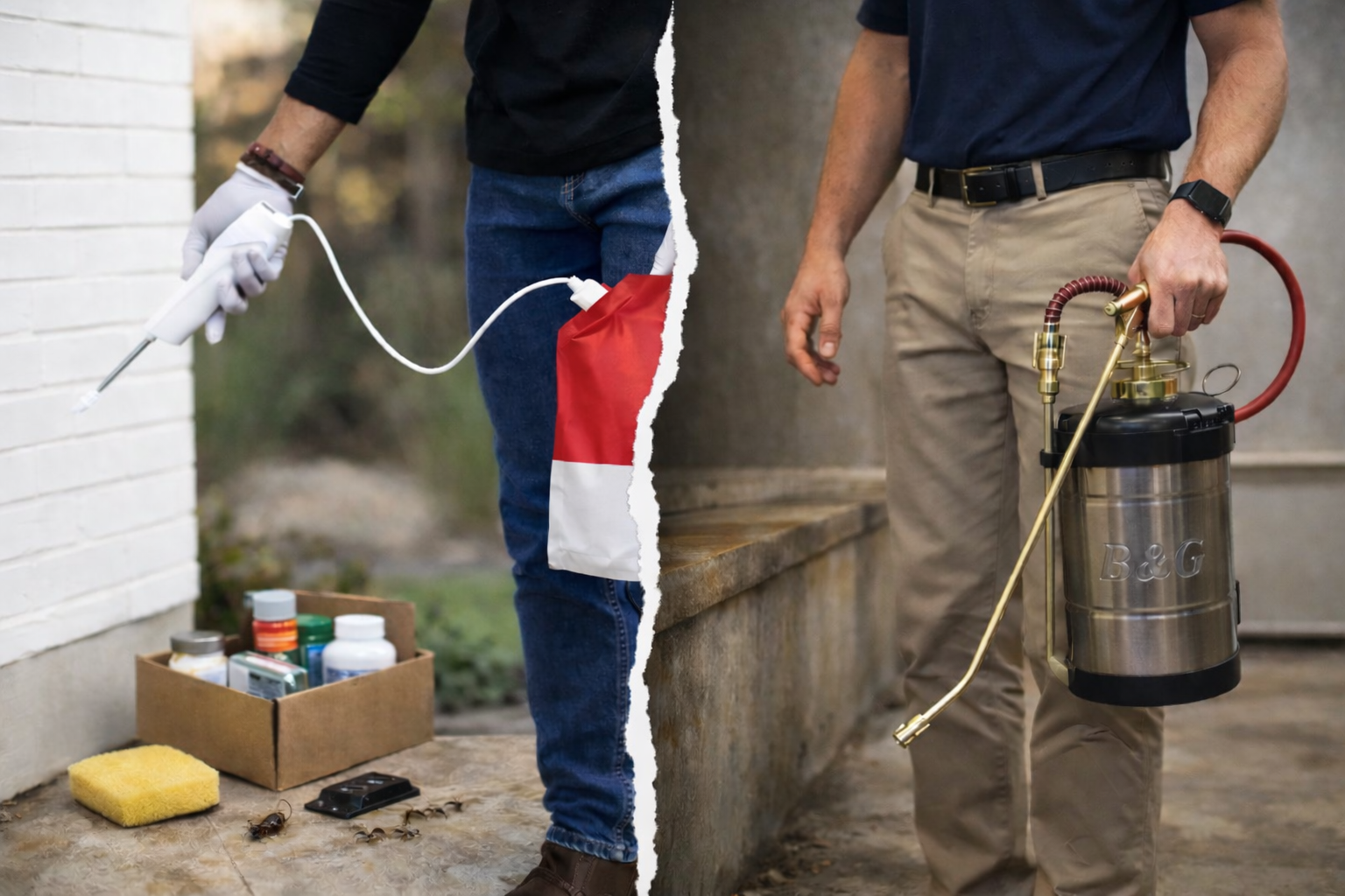 Two pest control workers, one using a sprayer and the other a spray gun, at a building.