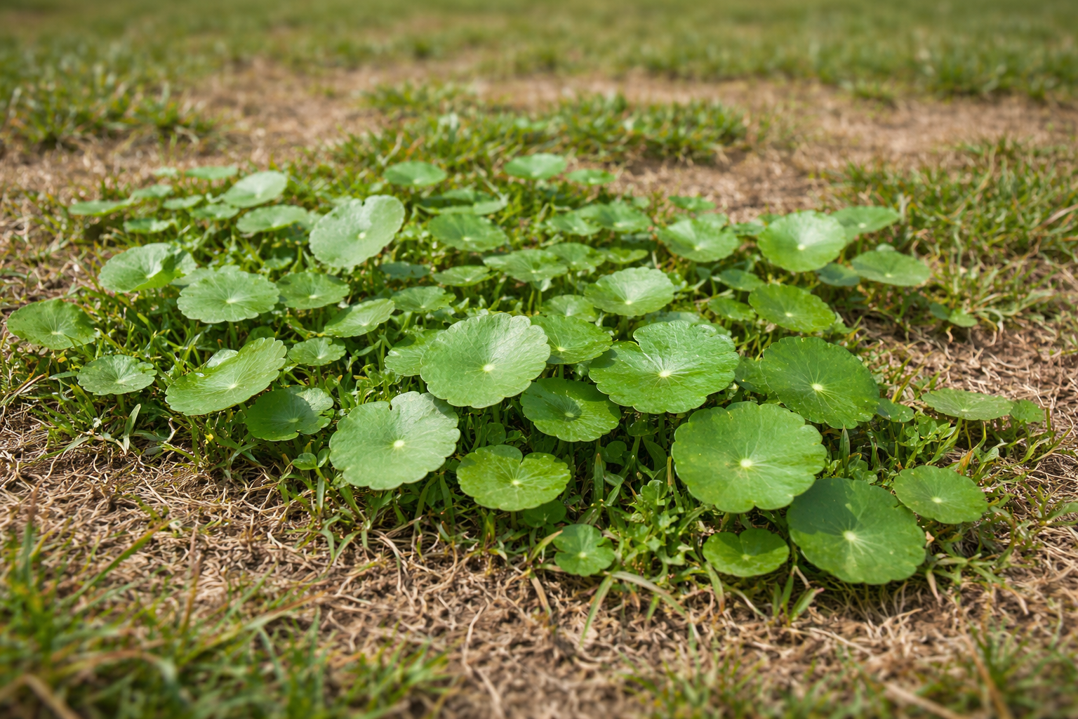 Green, circular-leafed plants growing in a patch in a grassy area.