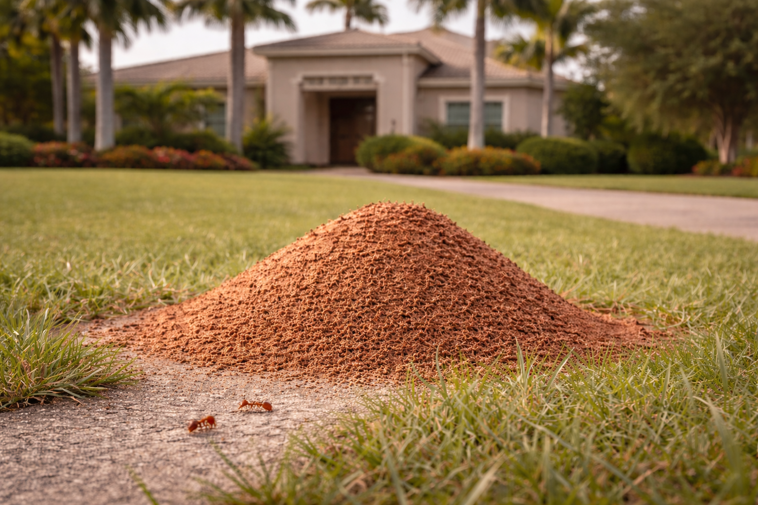 Fire ant hill in a South Florida lawn in front of a residential home
