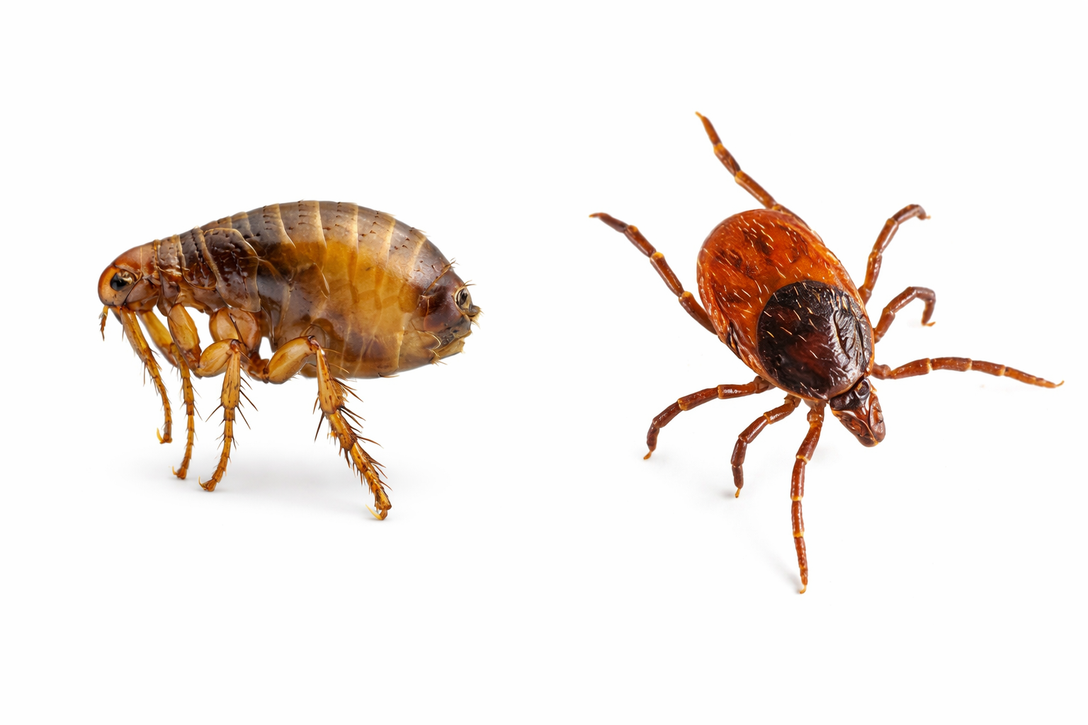 Flea and tick insects on white background; flea is small, tan, tick is larger, reddish-brown.