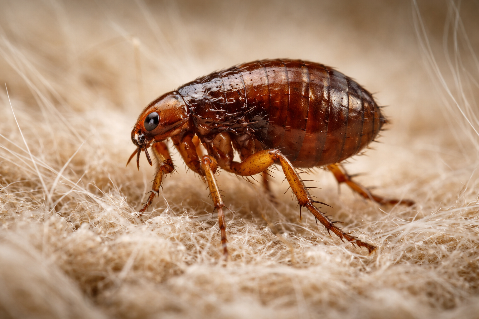Close-up of a brown flea with six legs on light-colored fur.