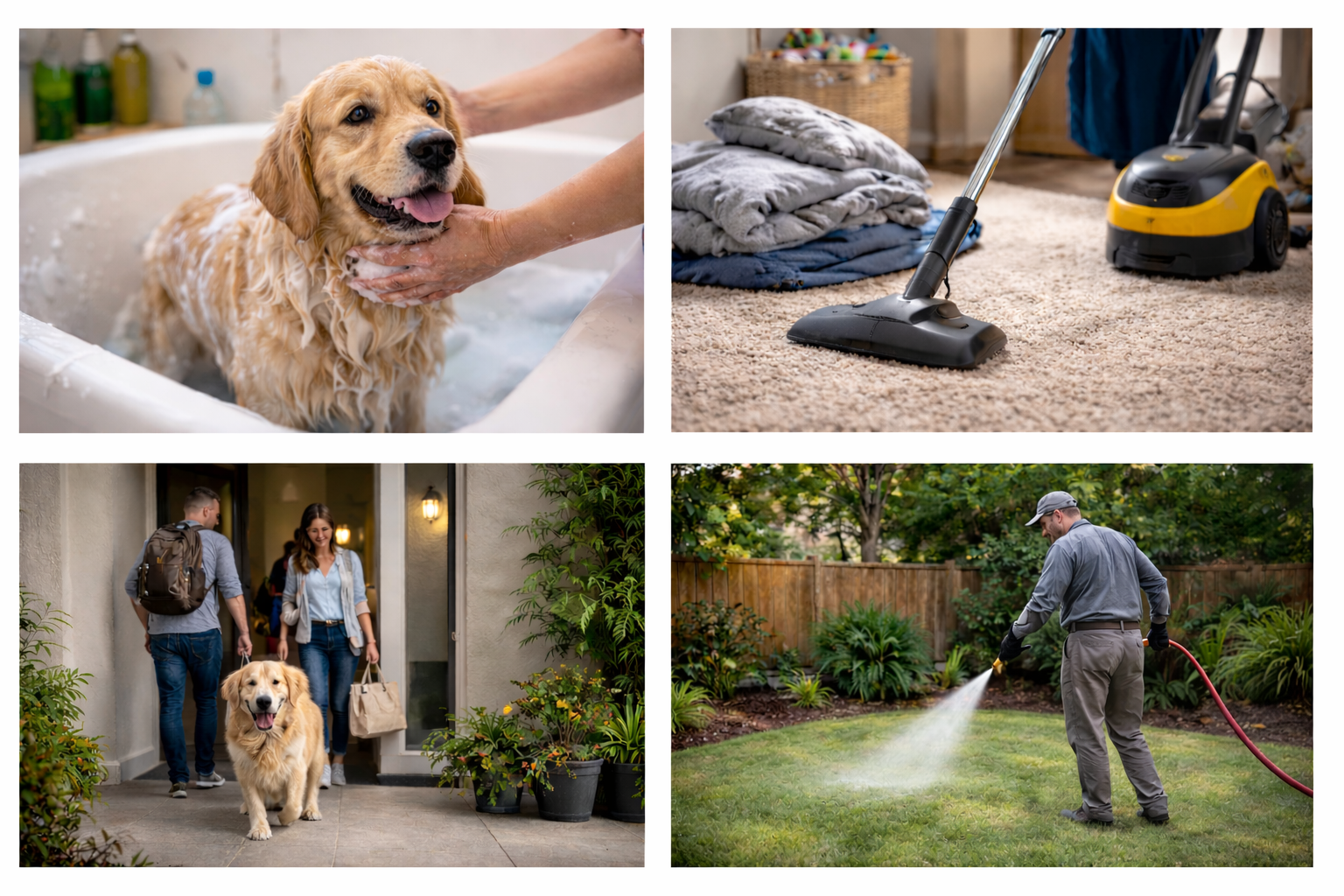 Dog being bathed, vacuuming rug, dog greeting people at door, man watering lawn.