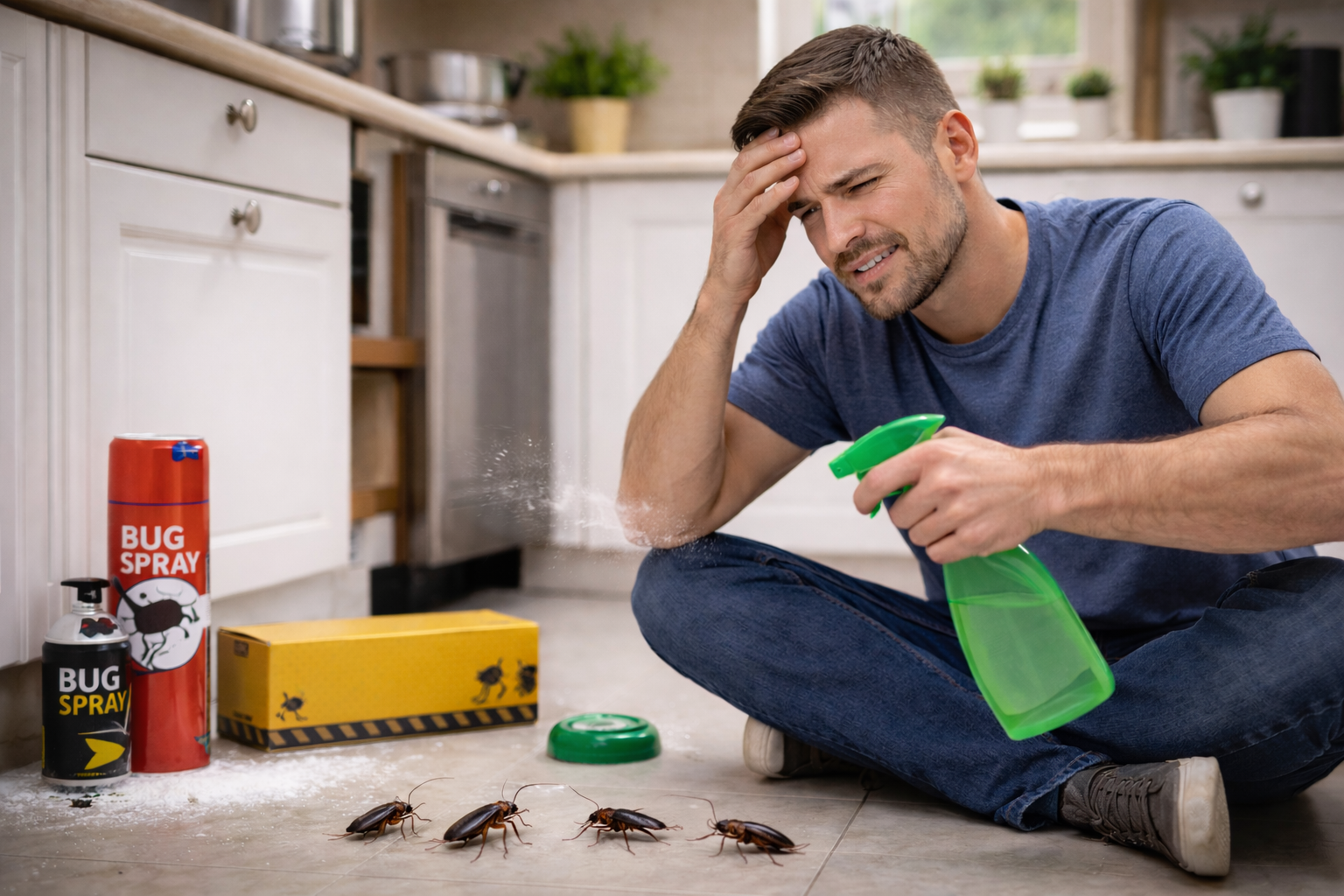 Man in kitchen, stressed, spraying insecticide at cockroaches on the floor. Bug spray cans, yellow box present.