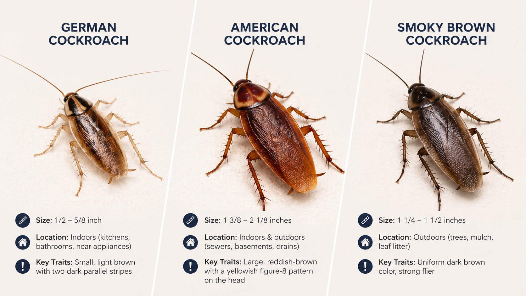 Comparison of German, American, and Smokybrown cockroaches commonly found in South Florida homes
